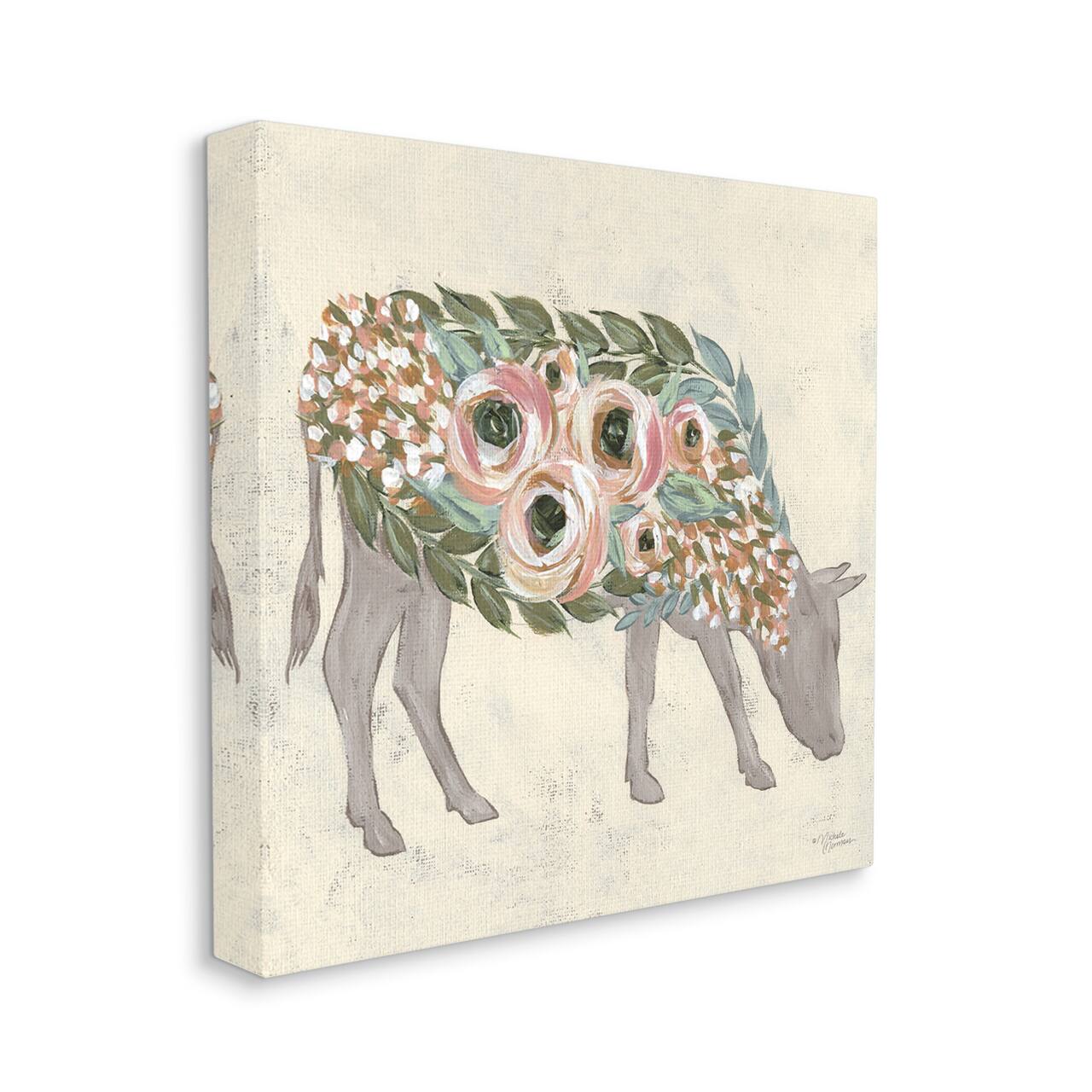 Stupell Industries Rustic Cow Pink Green Floral Body Canvas Wall Art